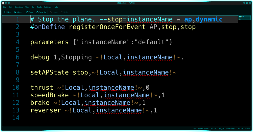 The achel code for commanding an all-anchors-out stop of the plane using my auto-pilot project.