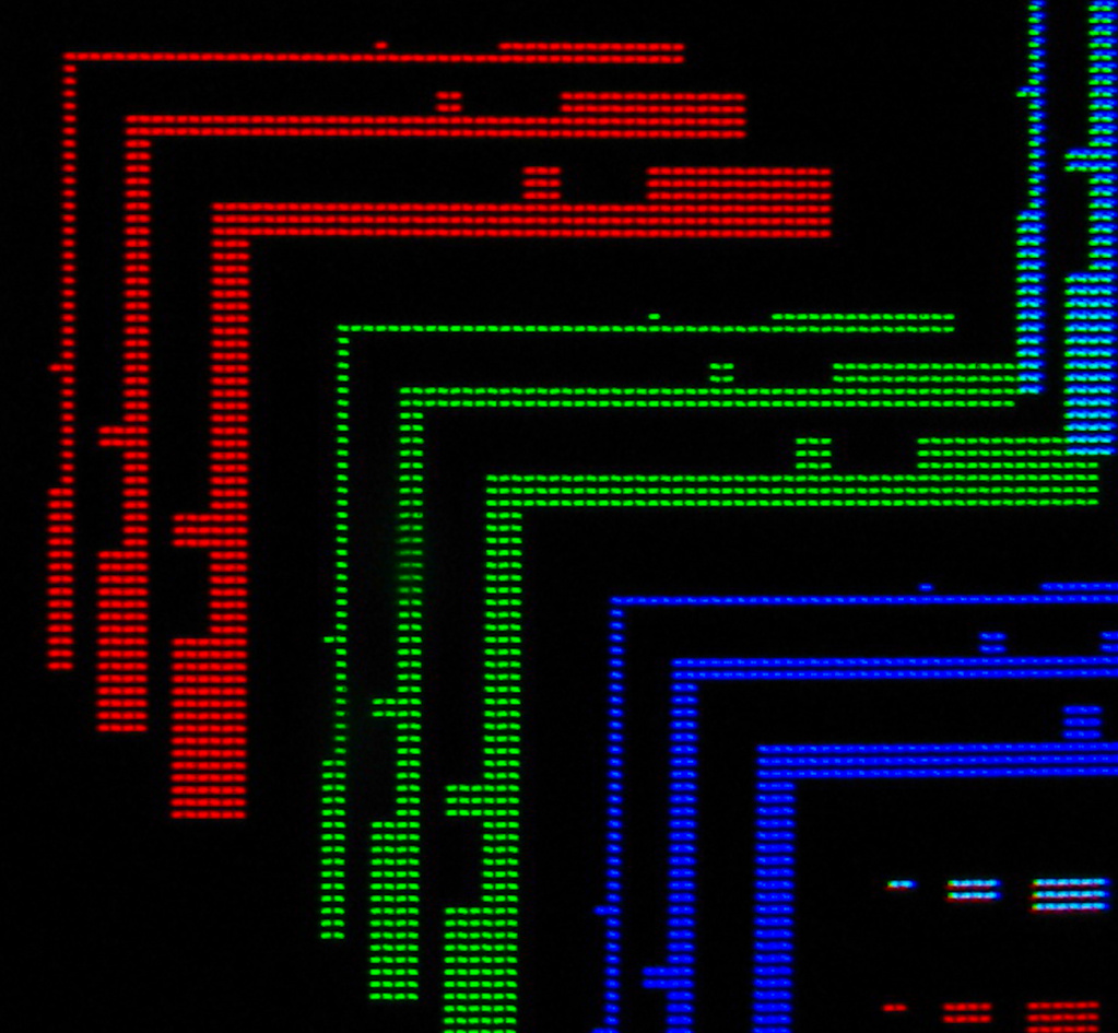 A shot showing how one pixel, or a few pixels interact with an edge on the 'traditional RGB' display.