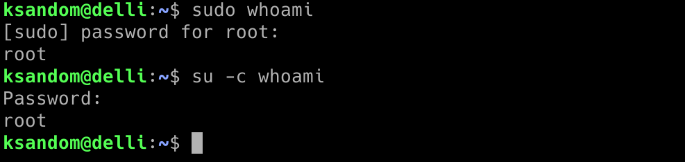 Both commands being used to escalate privileges for a single command.